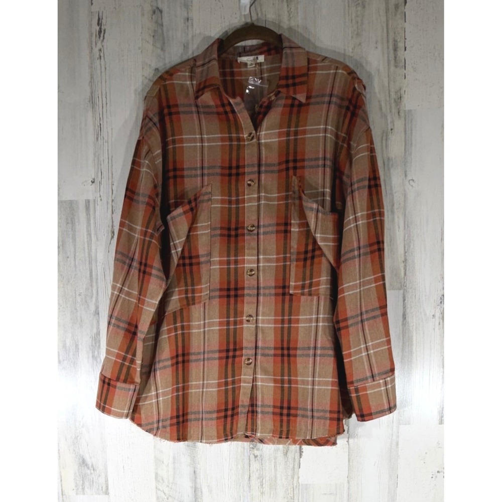 Easel Plaid Button Down Shirt Small Oversized Orange Raw Hem Lightweight Shacket